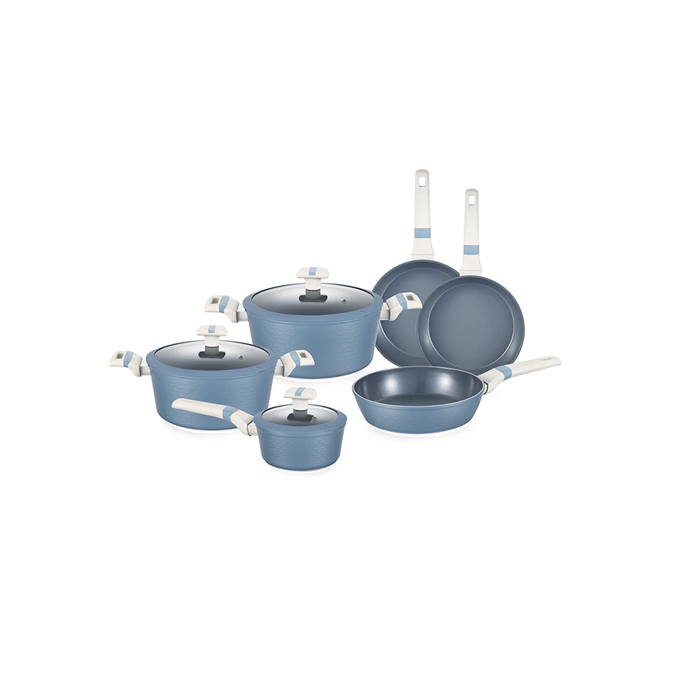 Juego de utensilios de cocina antiadherentes de aluminio forjado de color azul sirena con diseño de patente